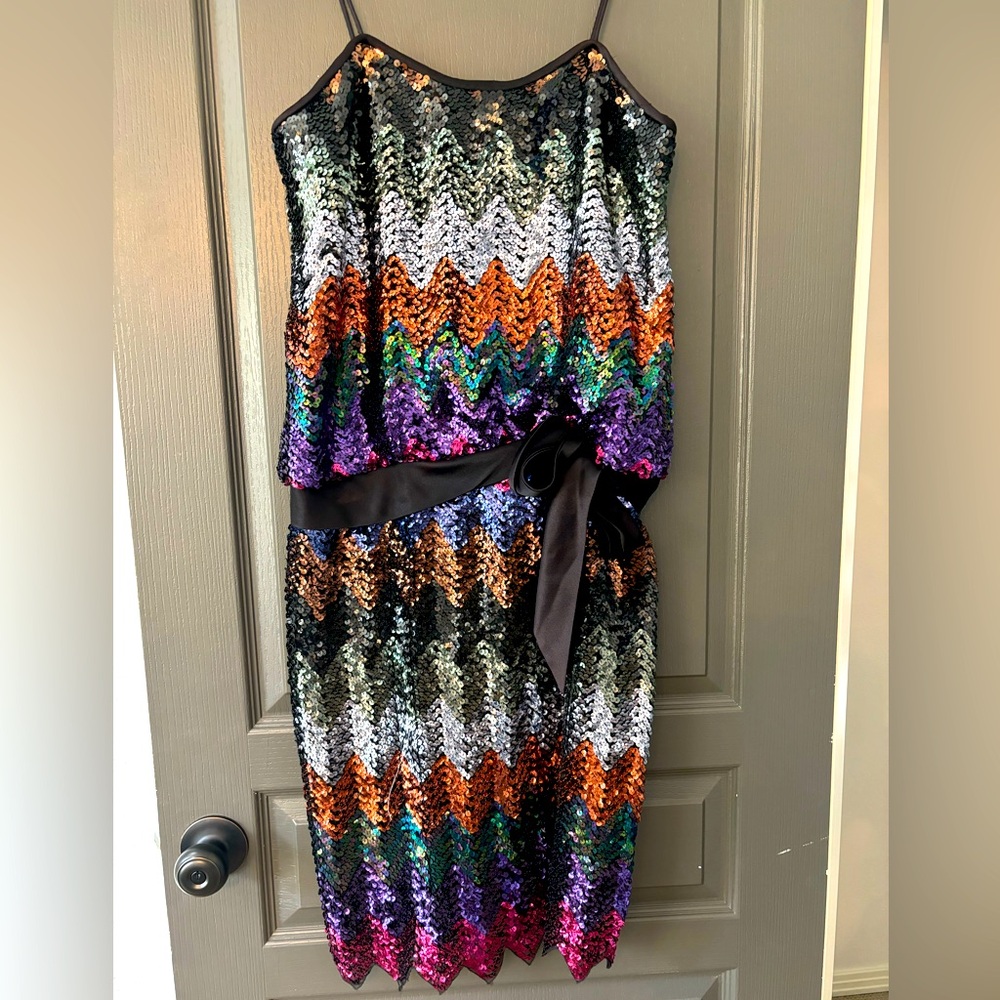 Vintage Black and Multicolor Zigzag Sequin Midi Dress